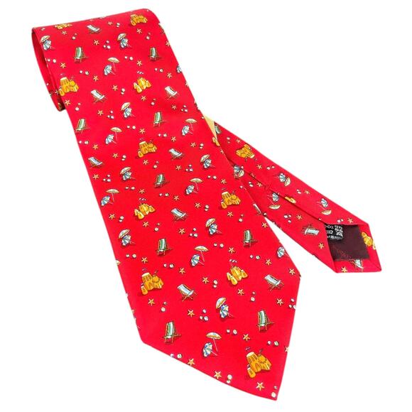 Salvatore Ferragamo Red Silk Neck Tie Beach Chair Starfish Sandcastle Print - Picture 1 of 11